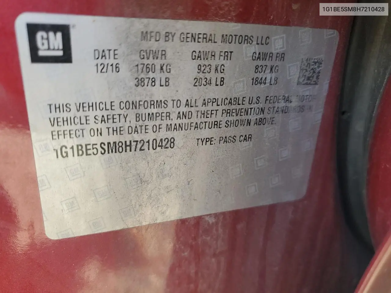 1G1BE5SM8H7210428 2017 Chevrolet Cruze Lt