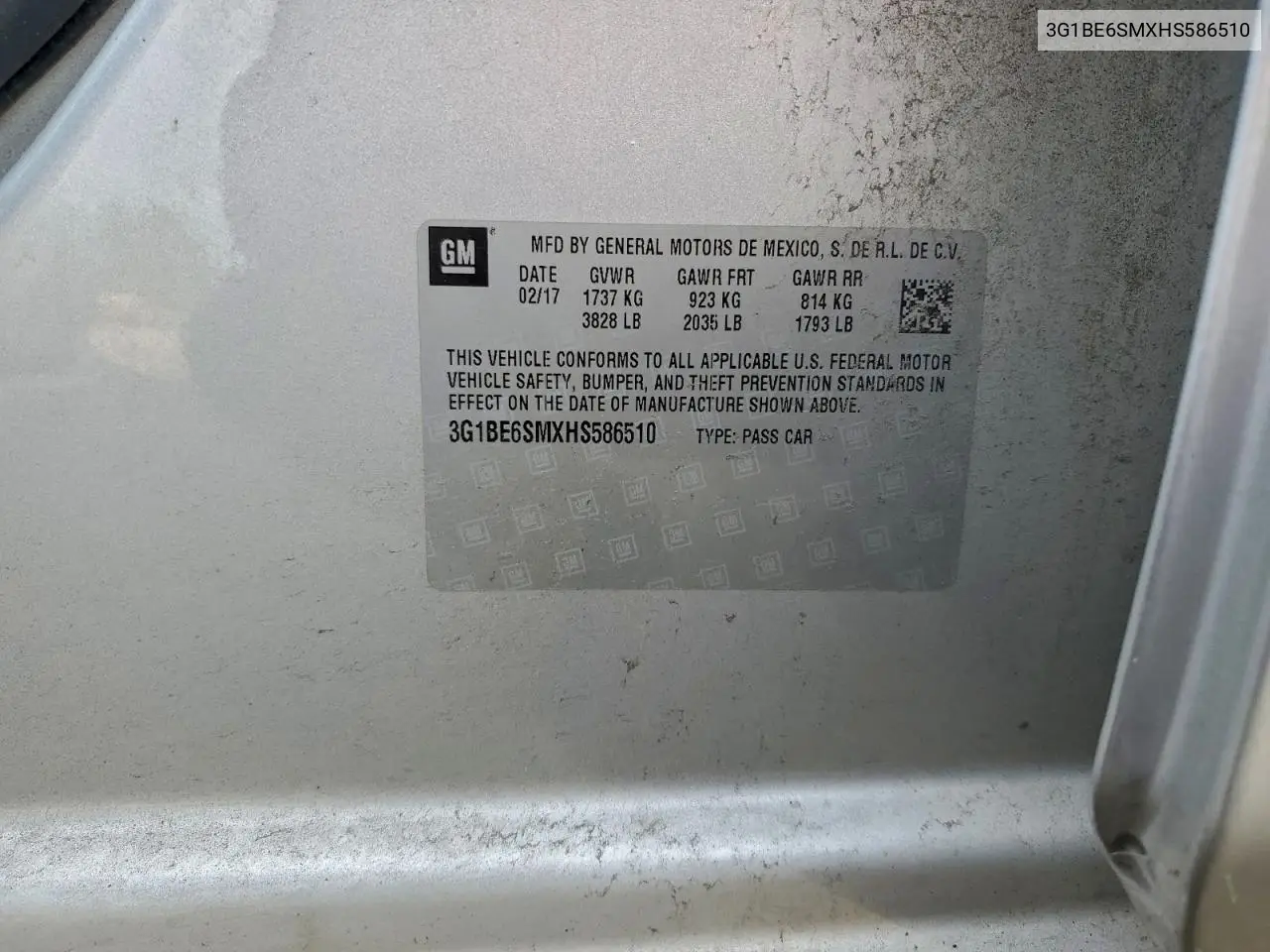 3G1BE6SMXHS586510 2017 Chevrolet Cruze Lt