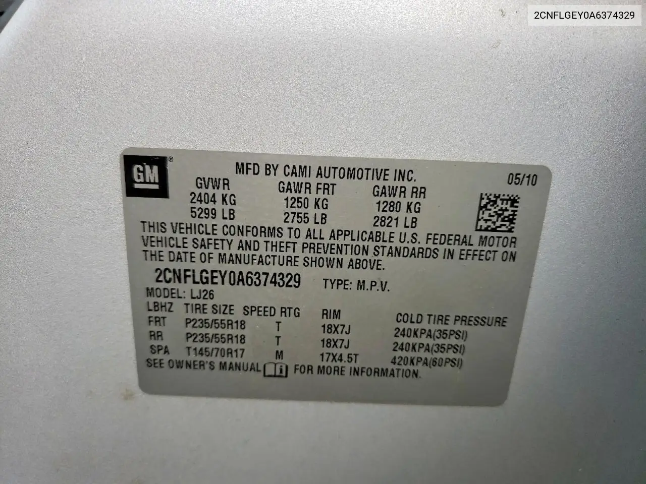 2CNFLGEY0A6374329 2010 Chevrolet Equinox Ltz