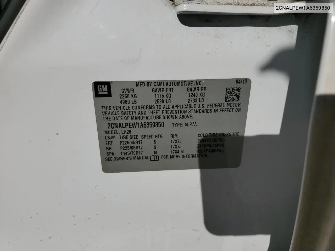 2CNALPEW1A6359850 2010 Chevrolet Equinox Lt