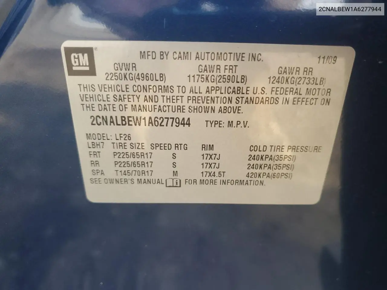 2CNALBEW1A6277944 2010 Chevrolet Equinox Ls