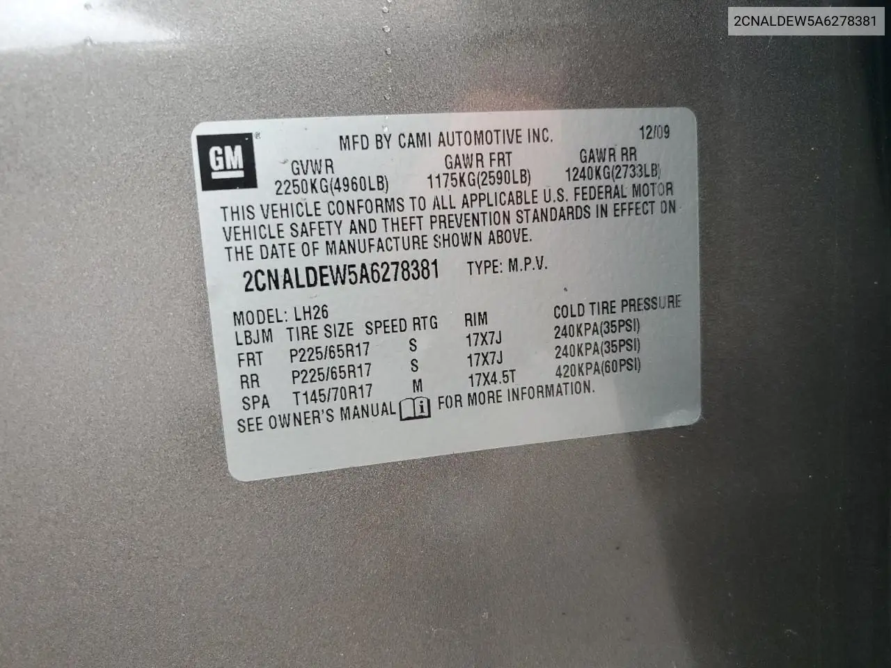 2CNALDEW5A6278381 2010 Chevrolet Equinox Lt