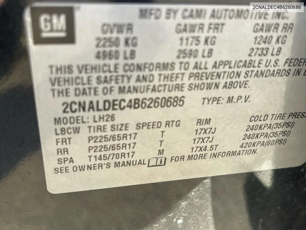 2CNALDEC4B6260686 2011 Chevrolet Equinox Lt