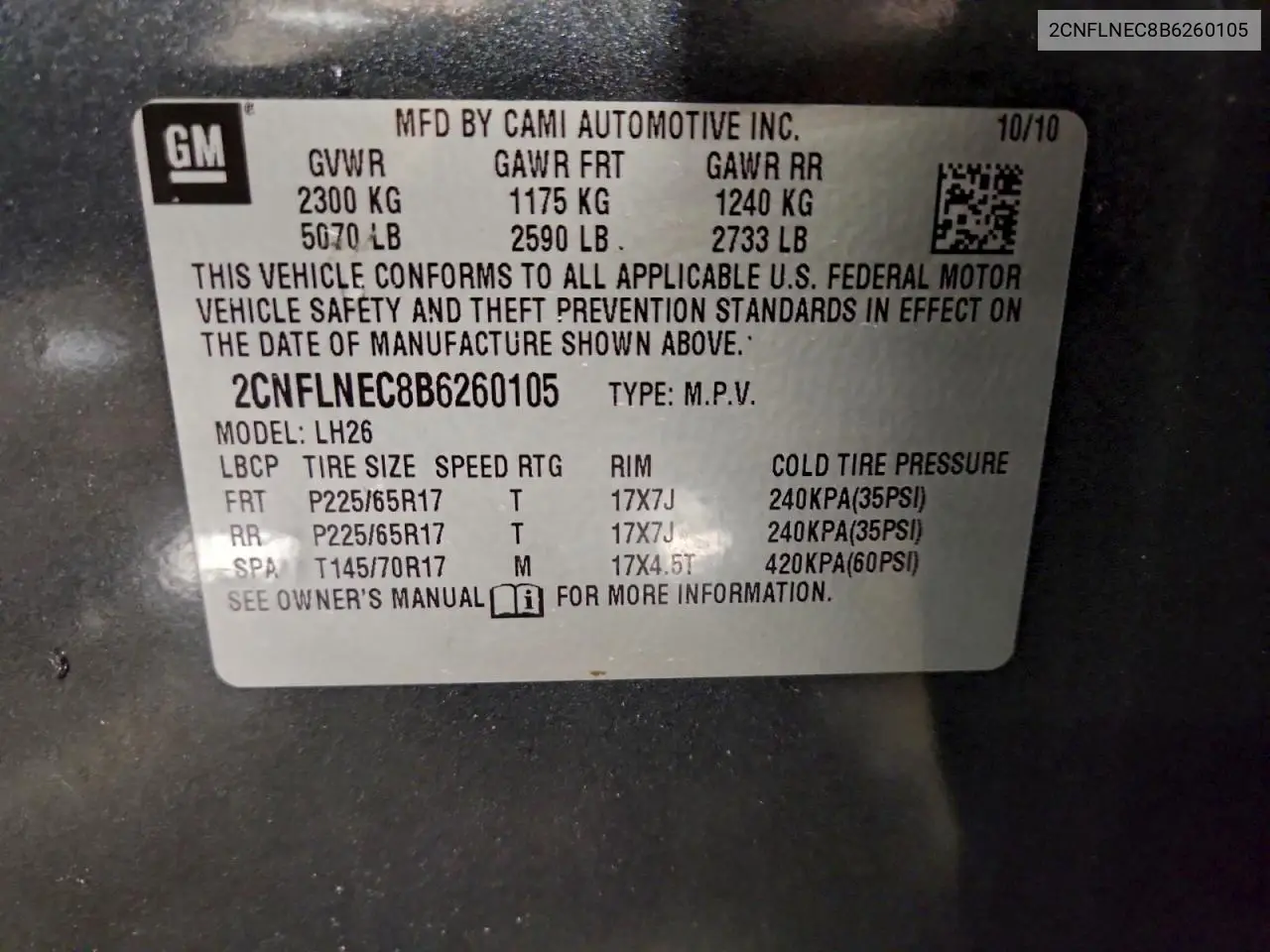 2CNFLNEC8B6260105 2011 Chevrolet Equinox Lt