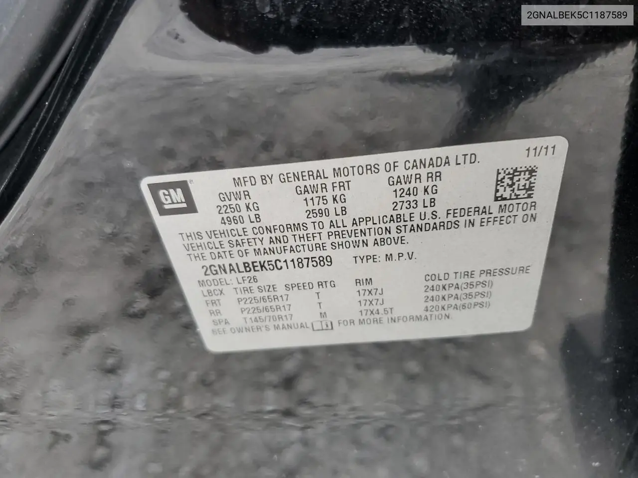2GNALBEK5C1187589 2012 Chevrolet Equinox Ls