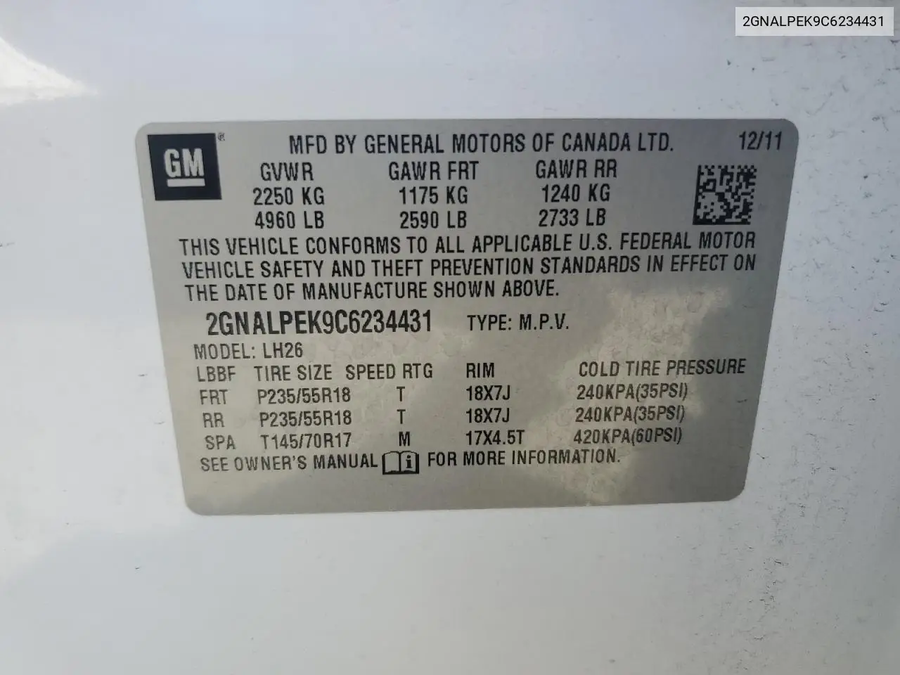 2GNALPEK9C6234431 2012 Chevrolet Equinox Lt