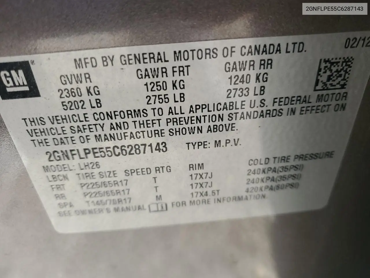 2GNFLPE55C6287143 2012 Chevrolet Equinox Lt