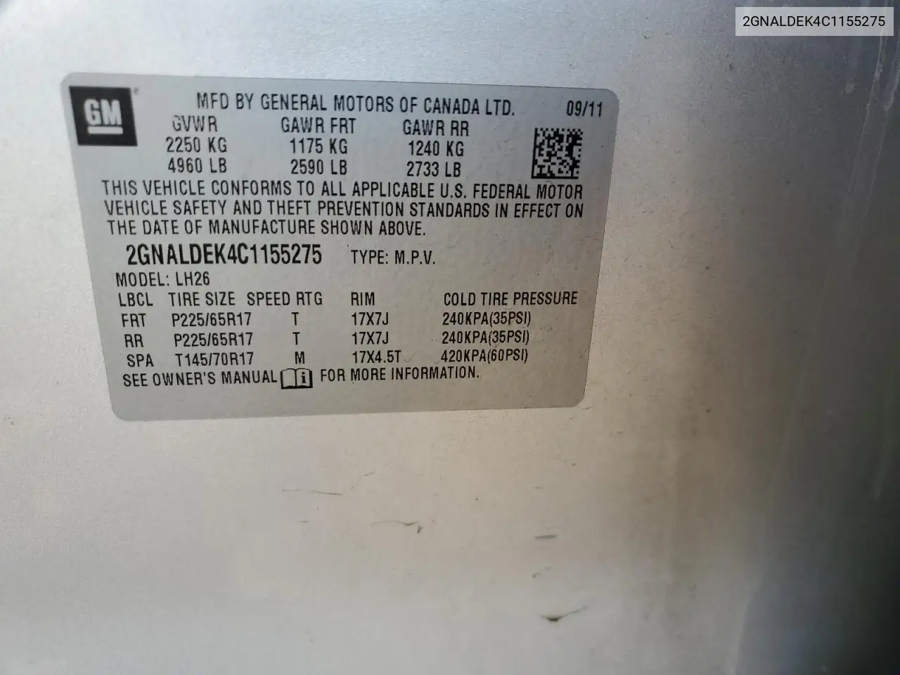 2GNALDEK4C1155275 2012 Chevrolet Equinox Lt