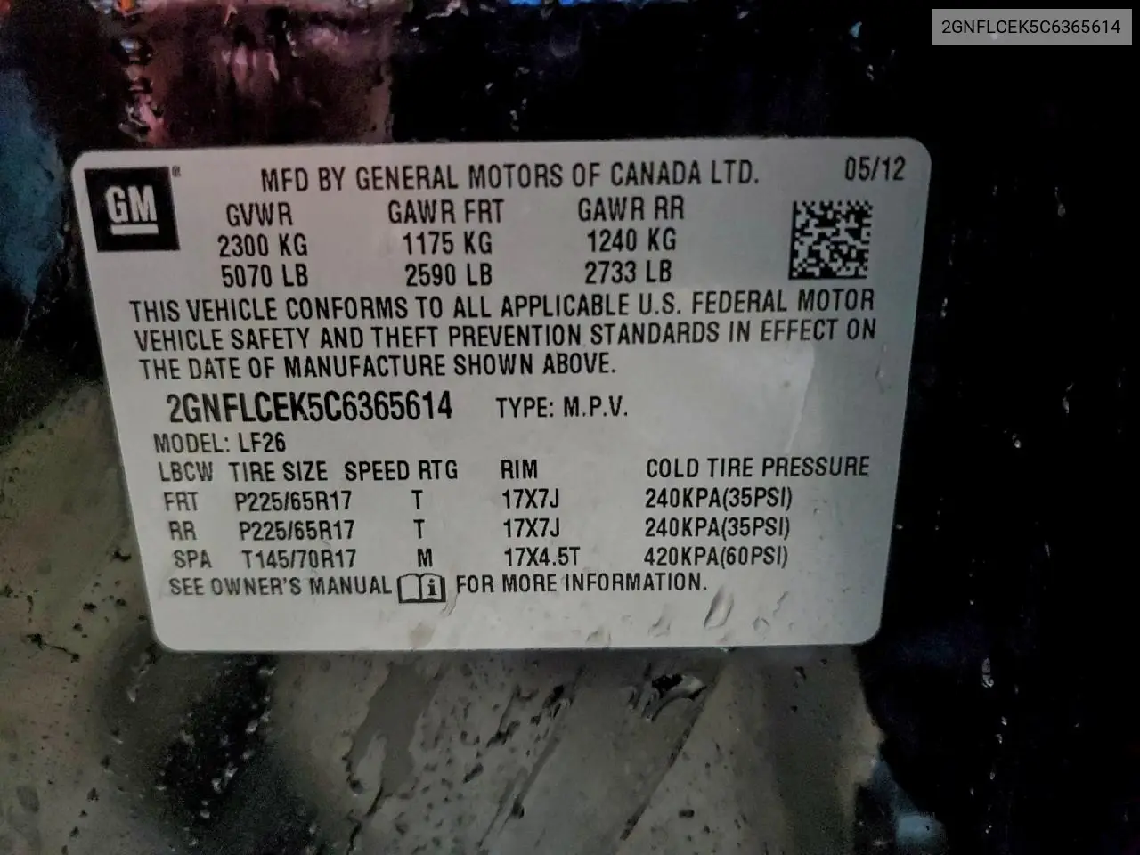 2GNFLCEK5C6365614 2012 Chevrolet Equinox Ls