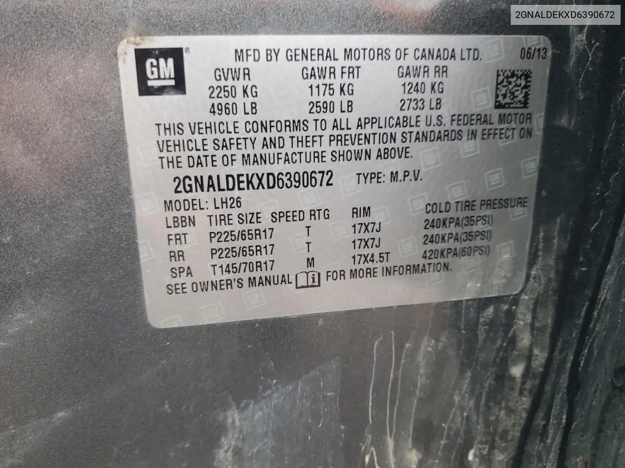 2GNALDEKXD6390672 2013 Chevrolet Equinox Lt