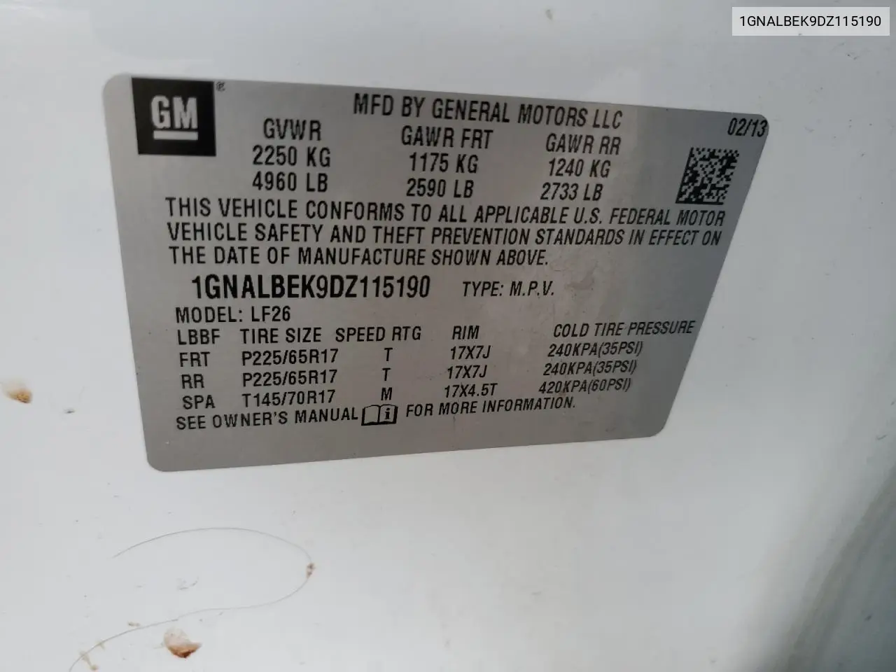 1GNALBEK9DZ115190 2013 Chevrolet Equinox Ls