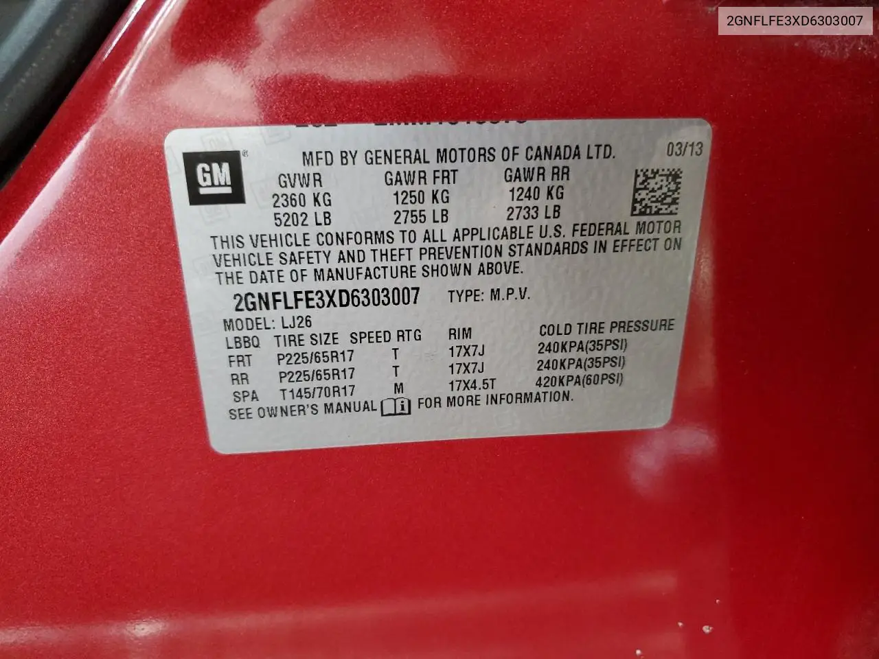 2GNFLFE3XD6303007 2013 Chevrolet Equinox Ltz