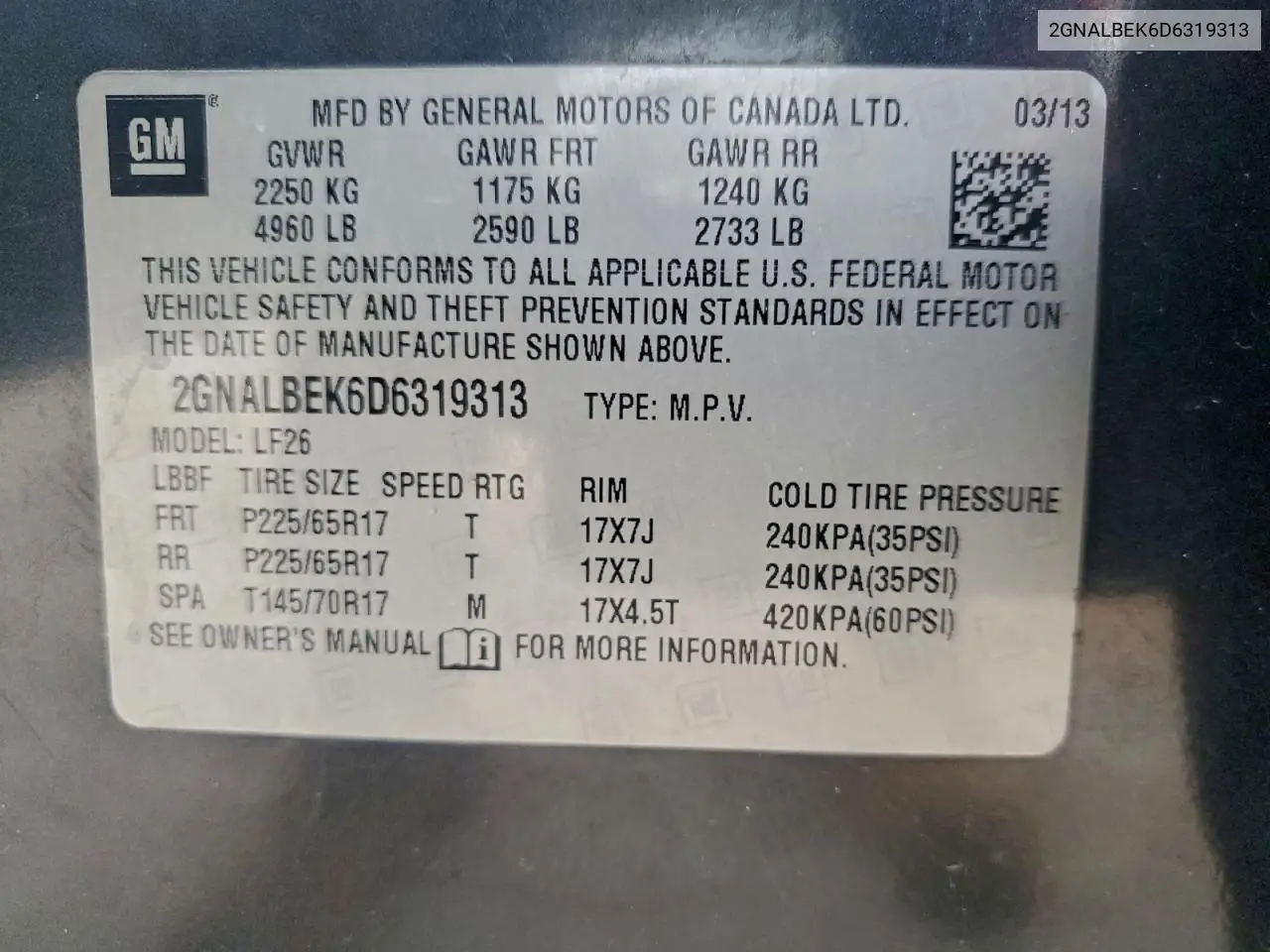 2GNALBEK6D6319313 2013 Chevrolet Equinox Ls