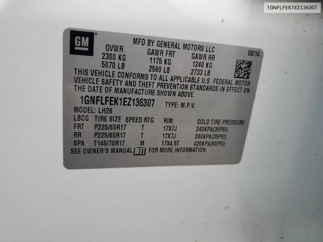 1GNFLFEK1EZ136307 2014 Chevrolet Equinox Lt
