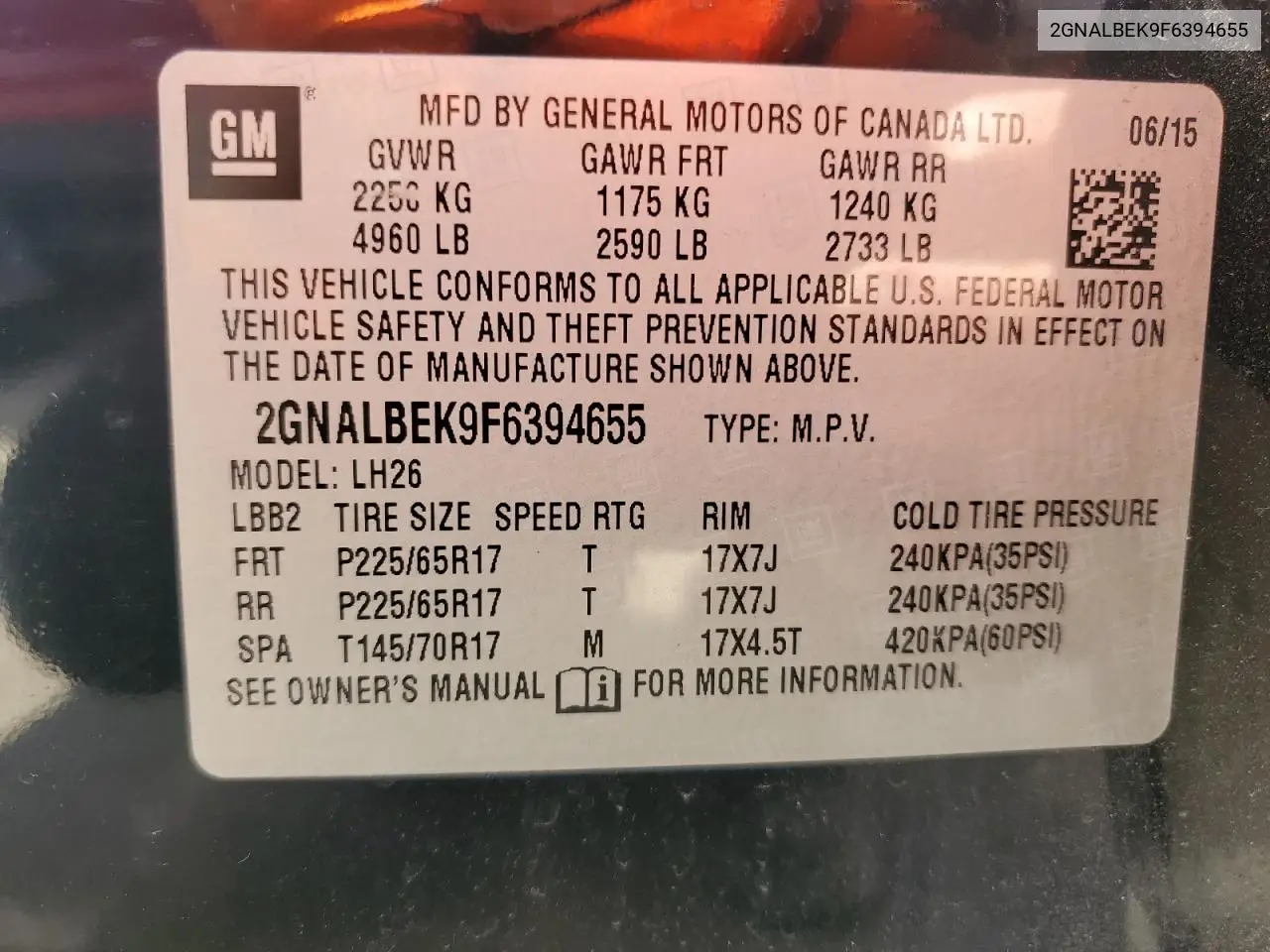 2GNALBEK9F6394655 2015 Chevrolet Equinox Lt