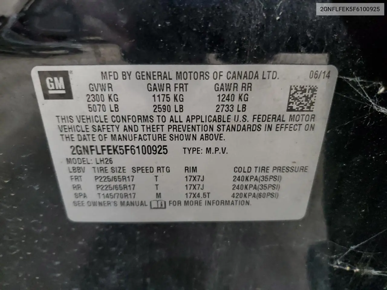 2GNFLFEK5F6100925 2015 Chevrolet Equinox Lt