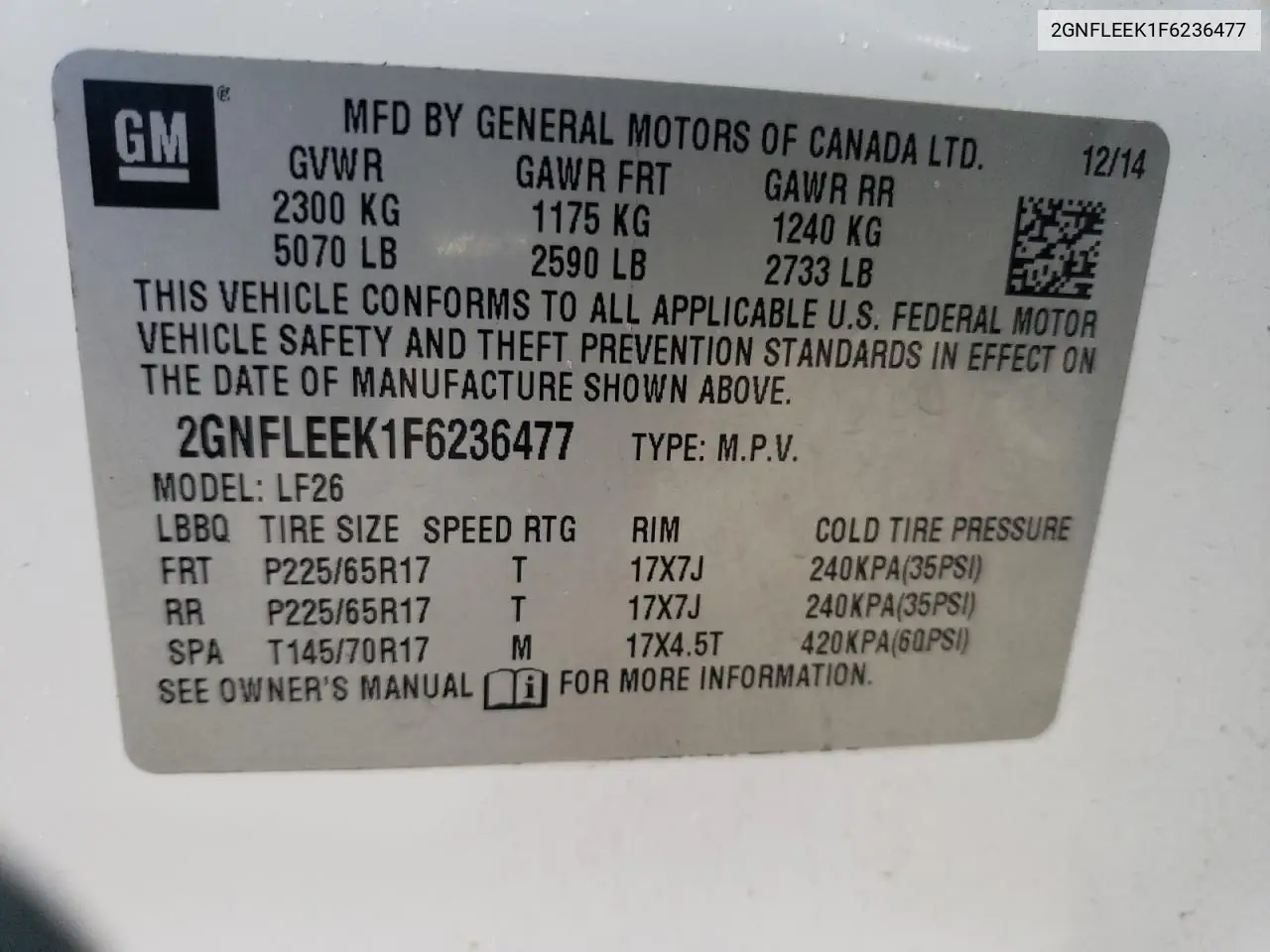 2GNFLEEK1F6236477 2015 Chevrolet Equinox Ls