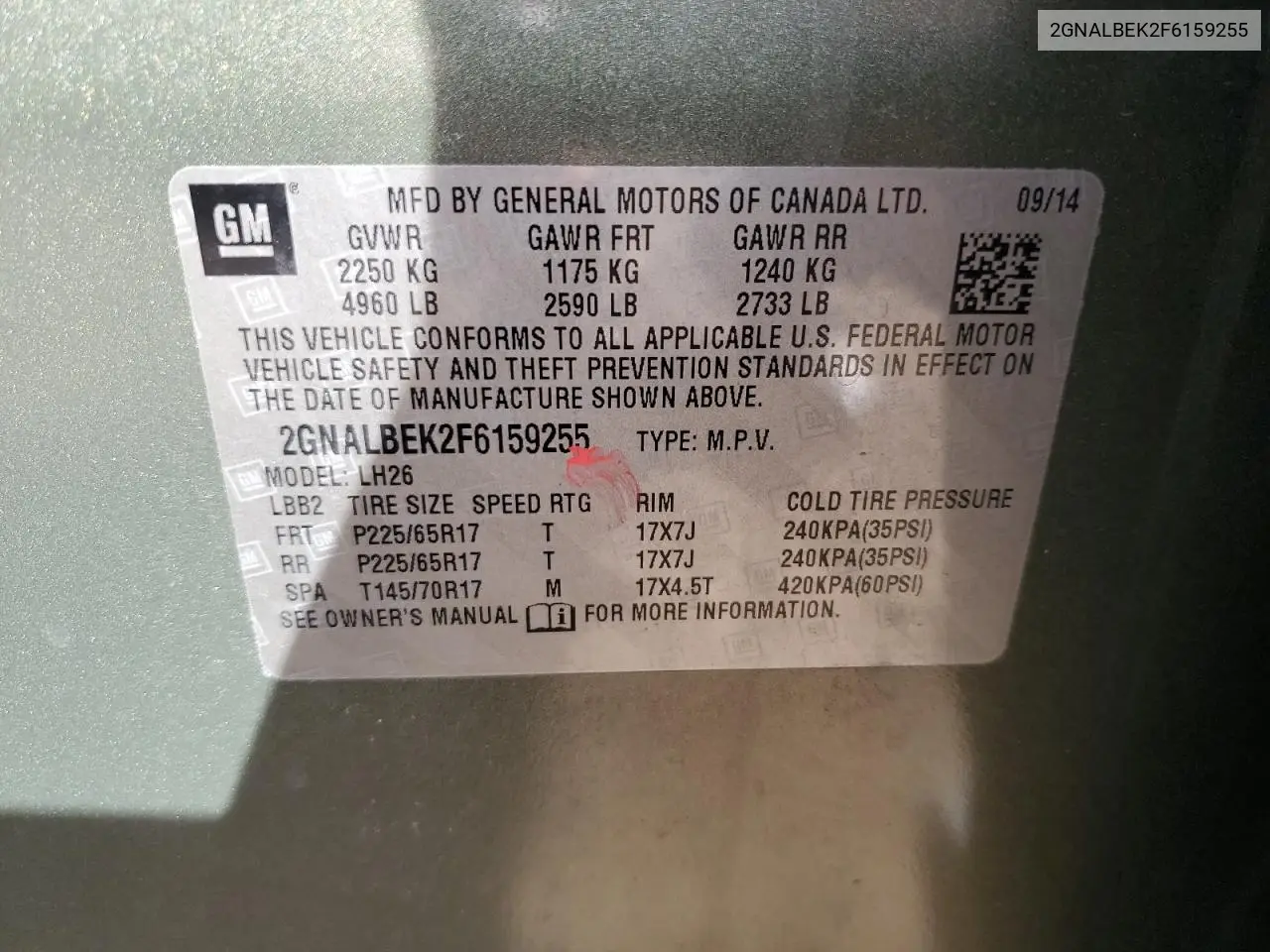 2GNALBEK2F6159255 2015 Chevrolet Equinox Lt