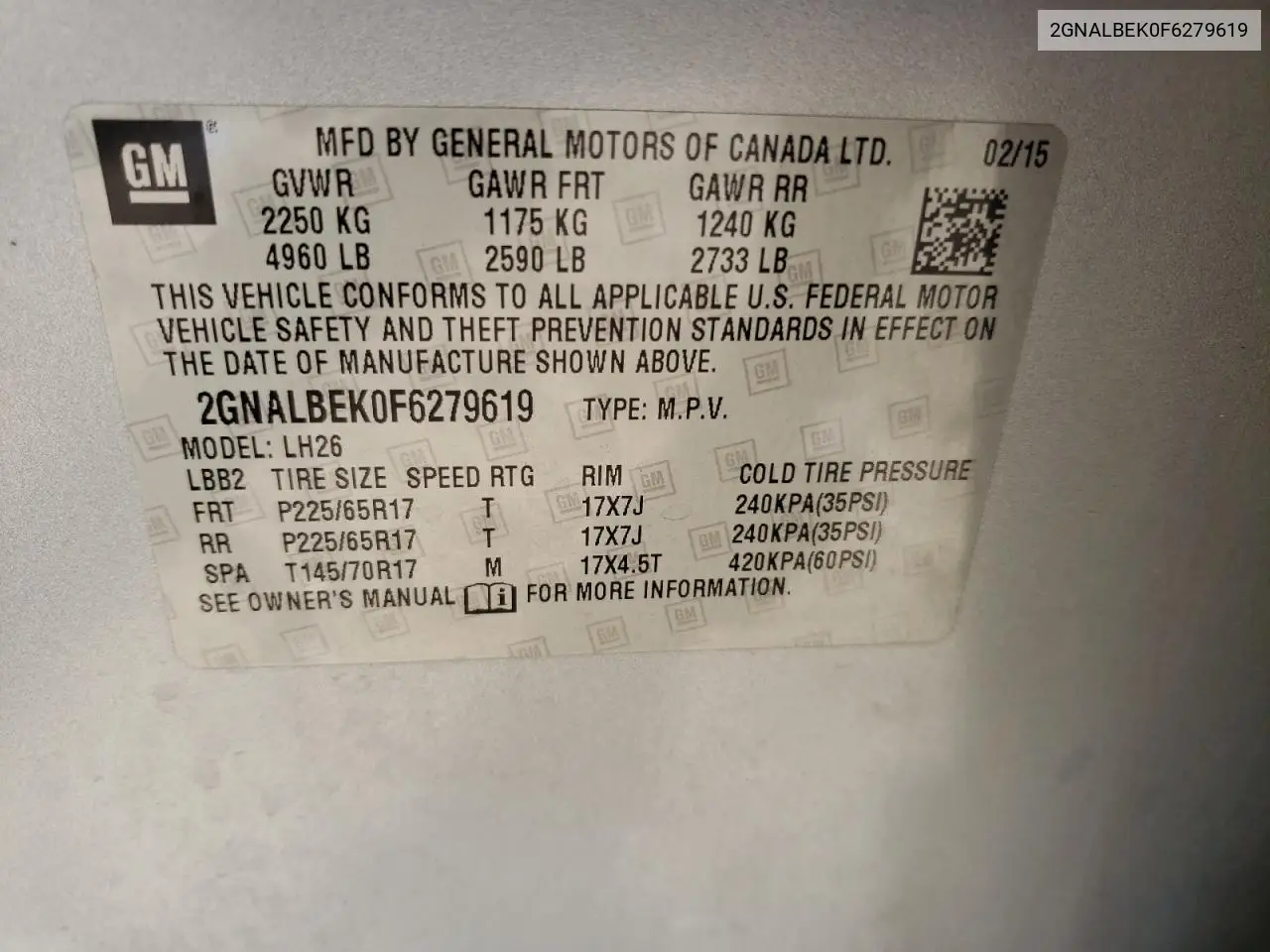 2GNALBEK0F6279619 2015 Chevrolet Equinox Lt