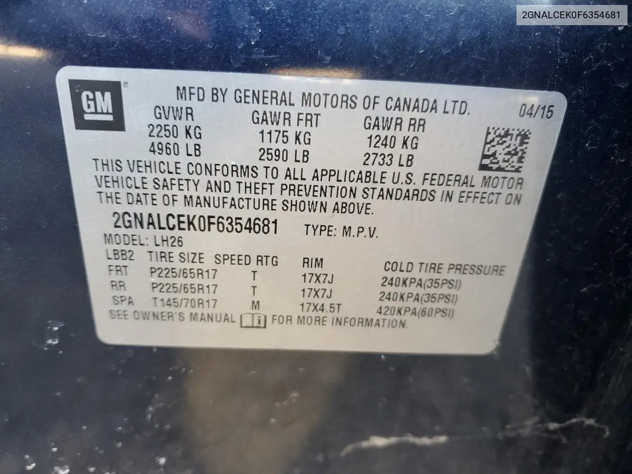 2GNALCEK0F6354681 2015 Chevrolet Equinox Lt
