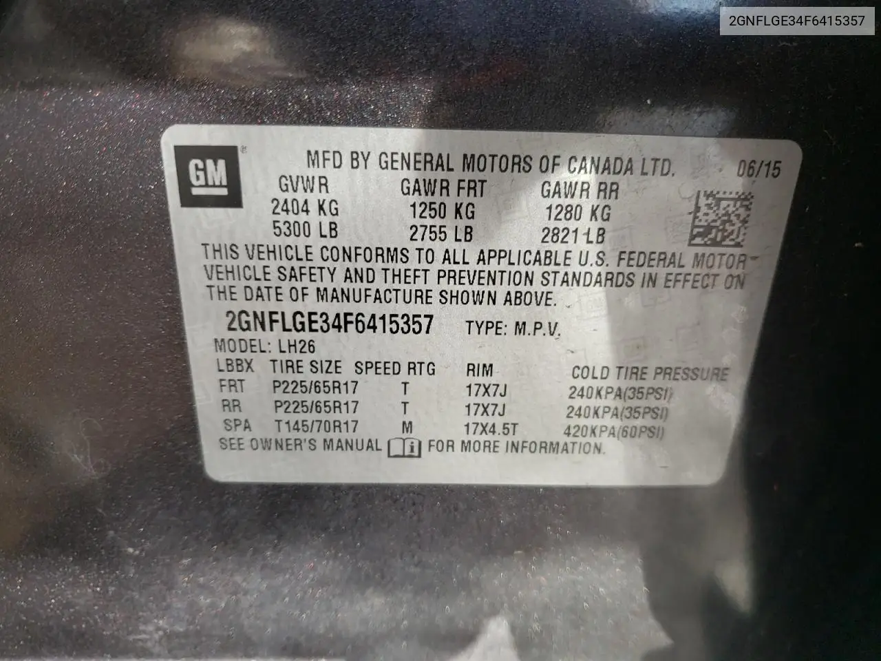 2GNFLGE34F6415357 2015 Chevrolet Equinox Lt