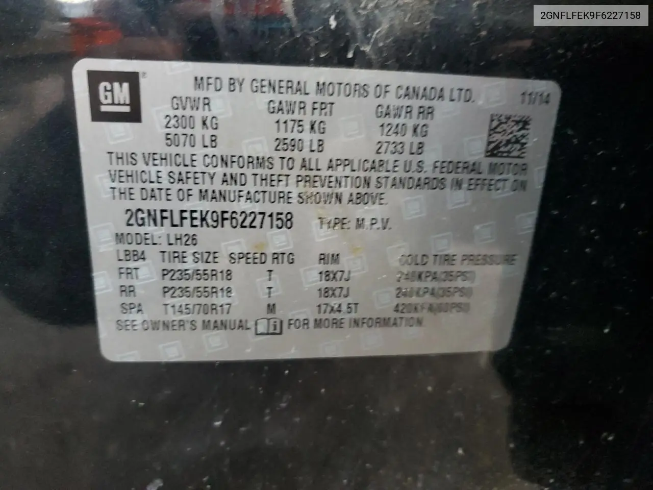 2GNFLFEK9F6227158 2015 Chevrolet Equinox Lt