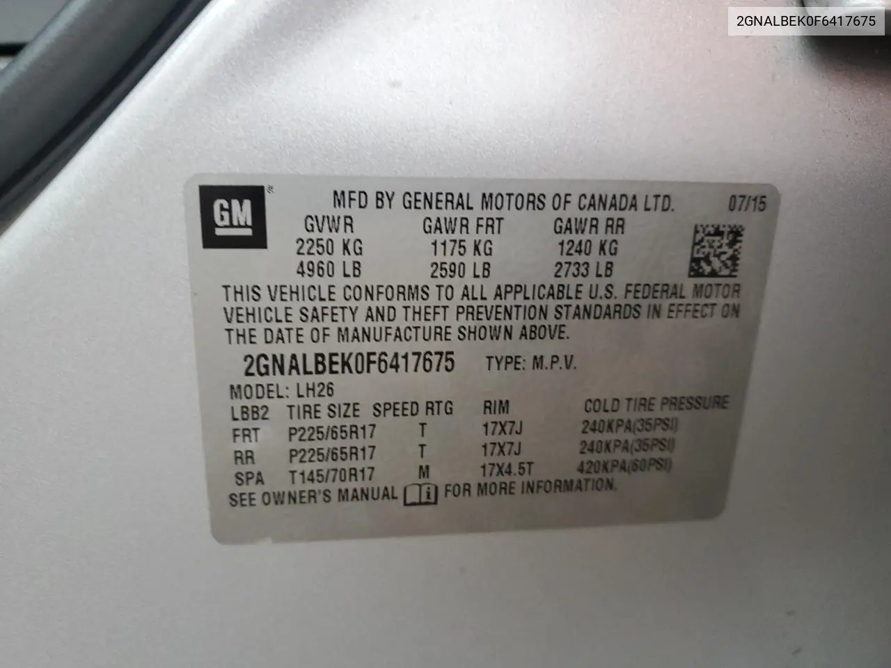 2GNALBEK0F6417675 2015 Chevrolet Equinox Lt