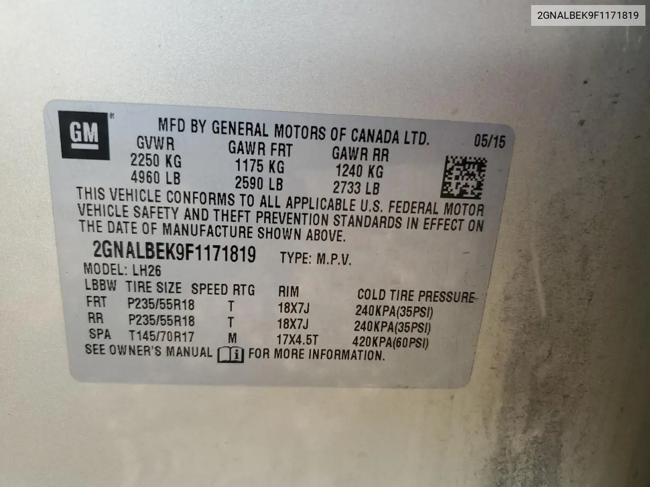 2GNALBEK9F1171819 2015 Chevrolet Equinox Lt