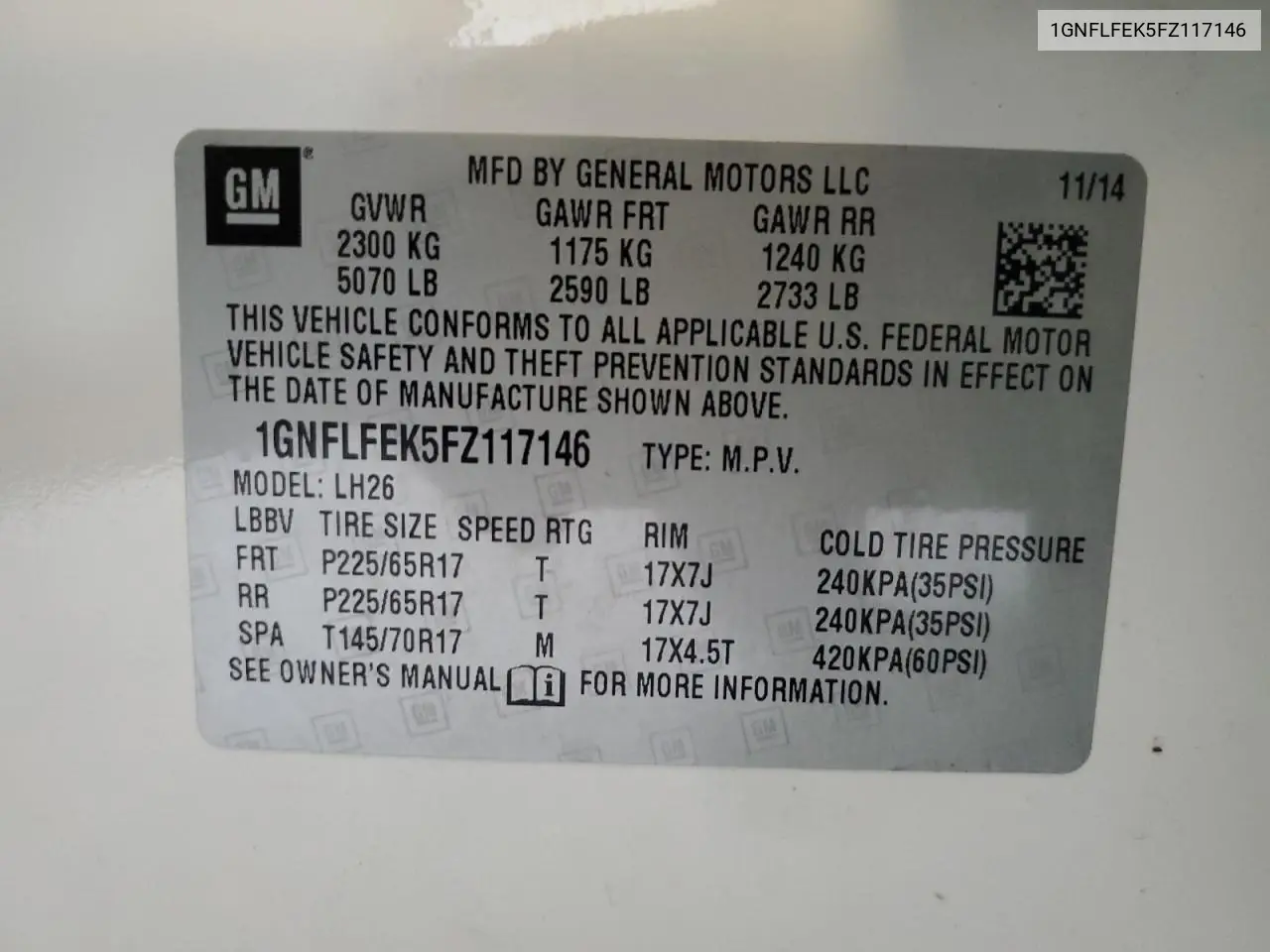 1GNFLFEK5FZ117146 2015 Chevrolet Equinox Lt