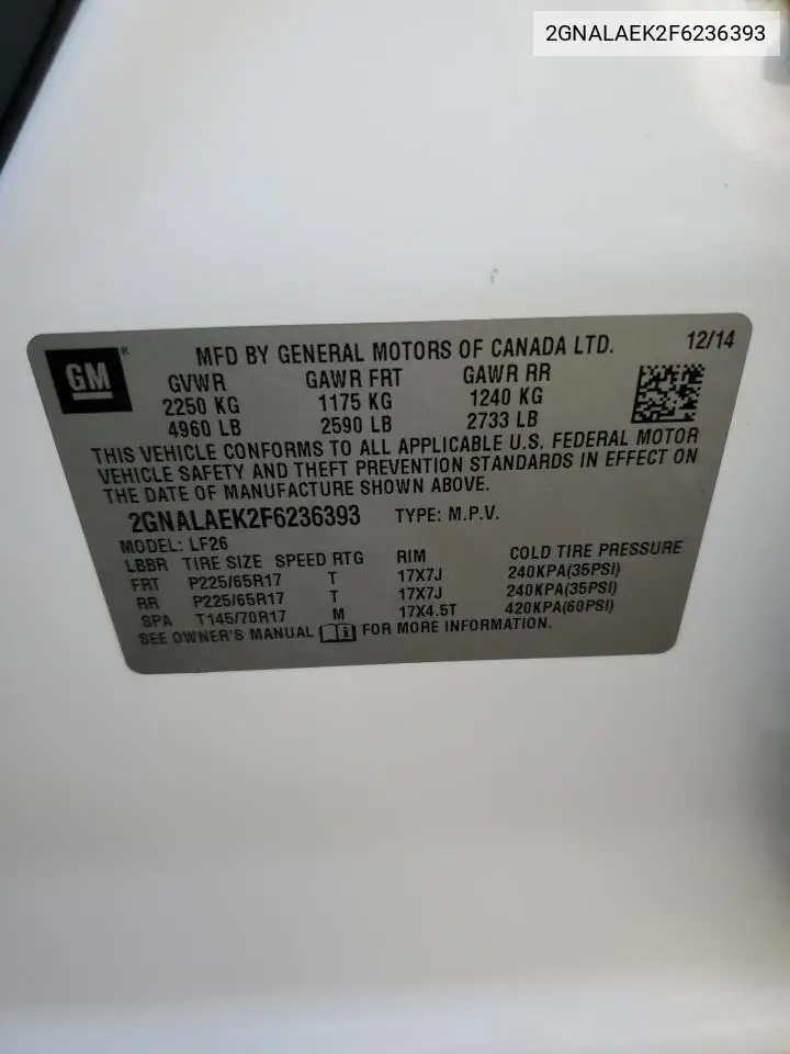 2GNALAEK2F6236393 2015 Chevrolet Equinox Ls