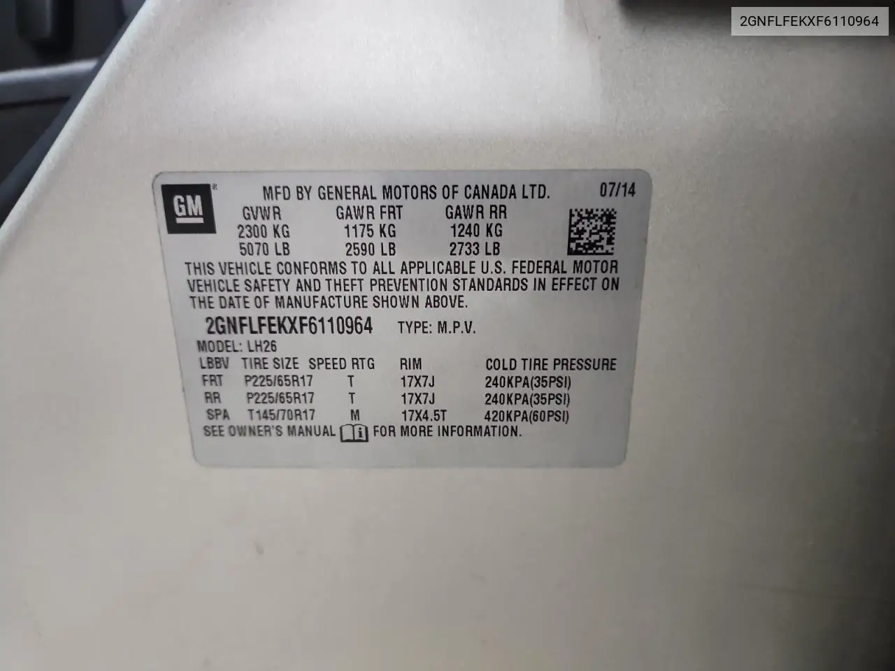 2GNFLFEKXF6110964 2015 Chevrolet Equinox Lt