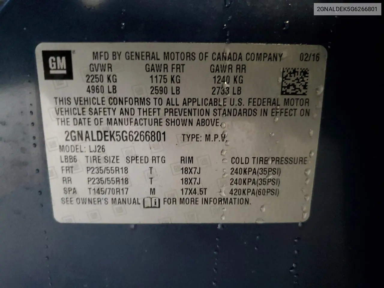 2GNALDEK5G6266801 2016 Chevrolet Equinox Ltz