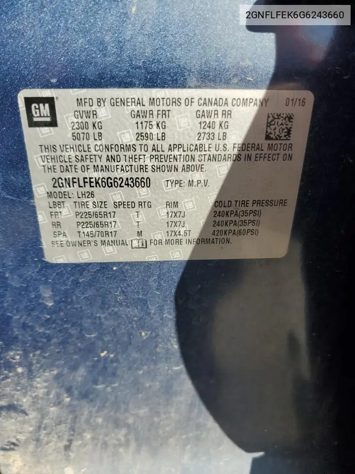 2GNFLFEK6G6243660 2016 Chevrolet Equinox Lt