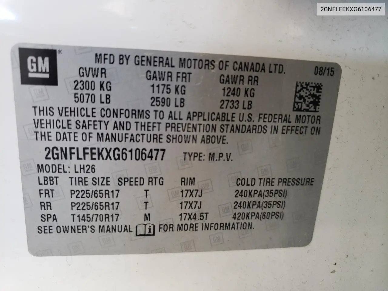 2GNFLFEKXG6106477 2016 Chevrolet Equinox Lt