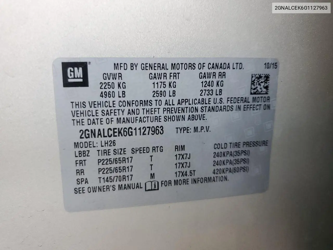 2GNALCEK6G1127963 2016 Chevrolet Equinox Lt