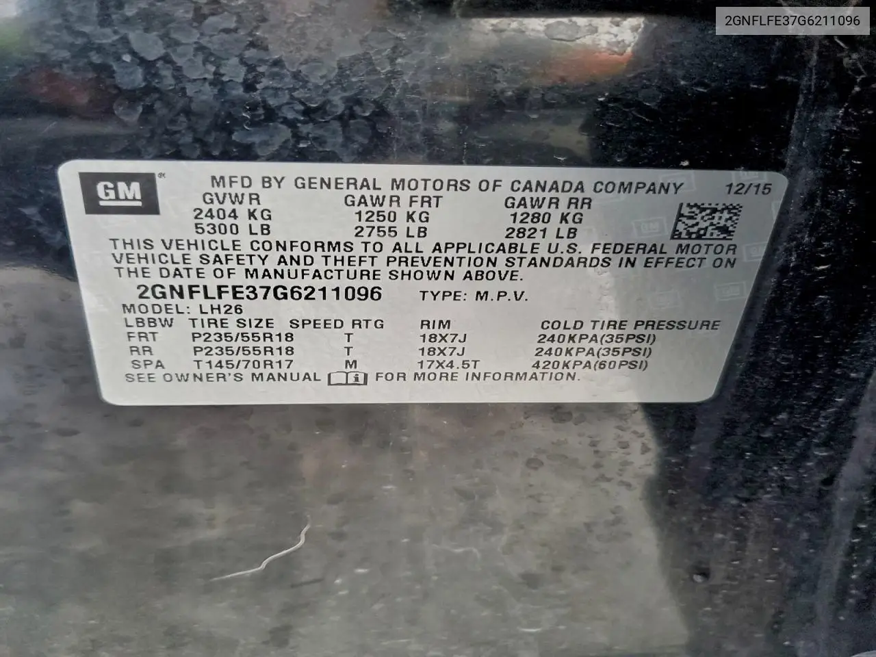 2GNFLFE37G6211096 2016 Chevrolet Equinox Lt