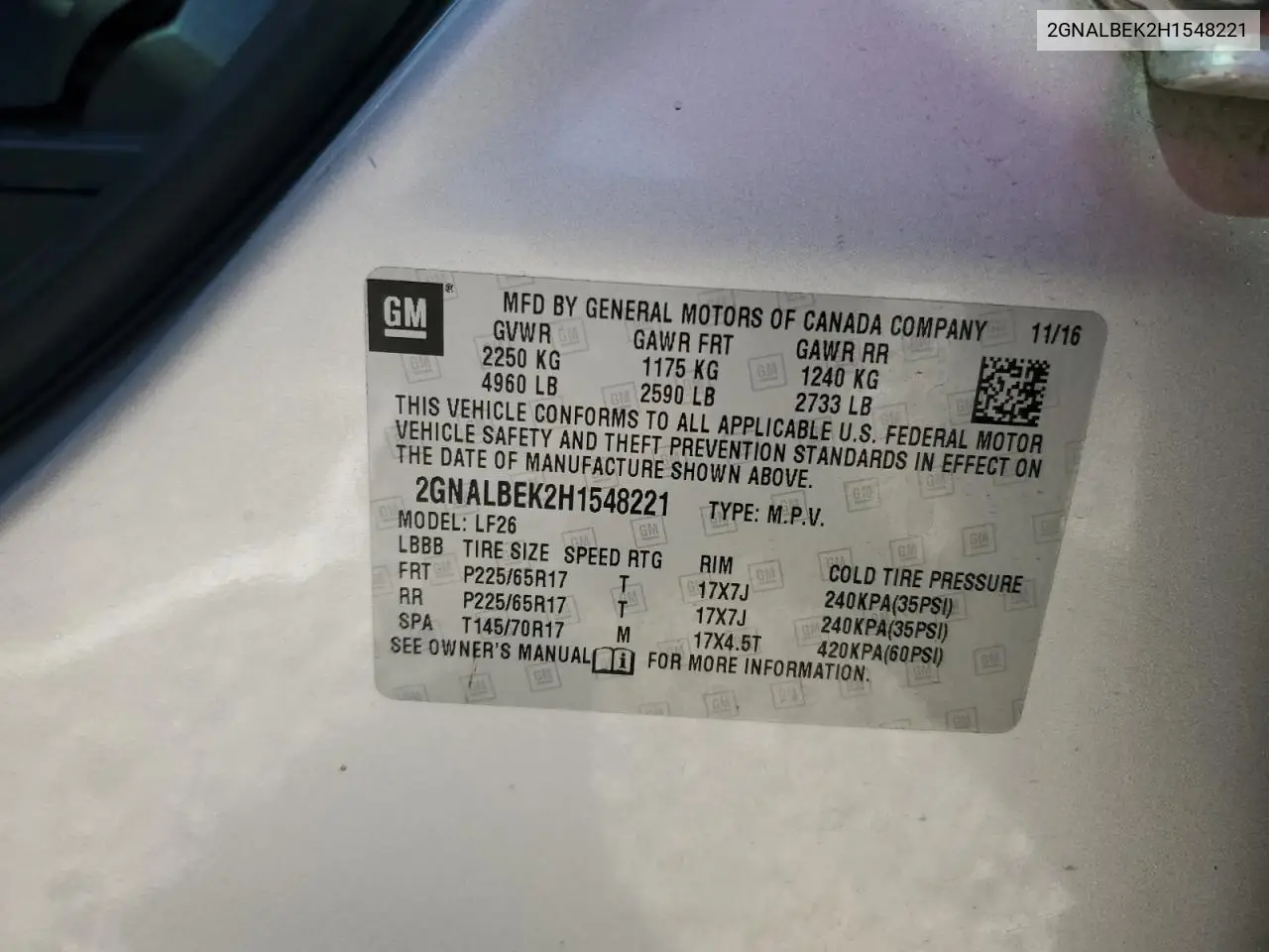 2GNALBEK2H1548221 2017 Chevrolet Equinox Ls