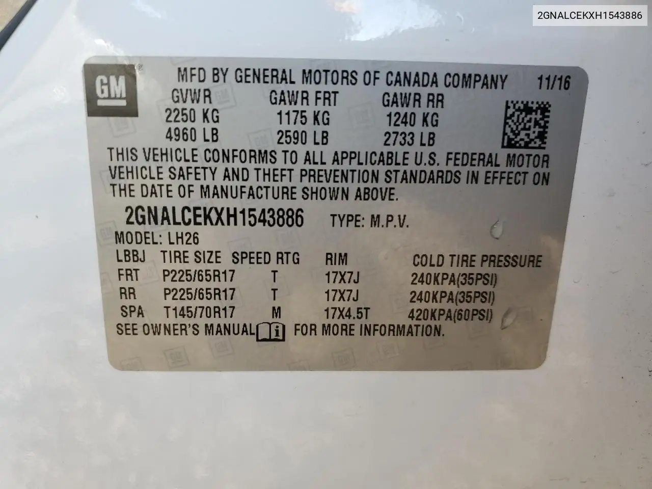 2GNALCEKXH1543886 2017 Chevrolet Equinox Lt