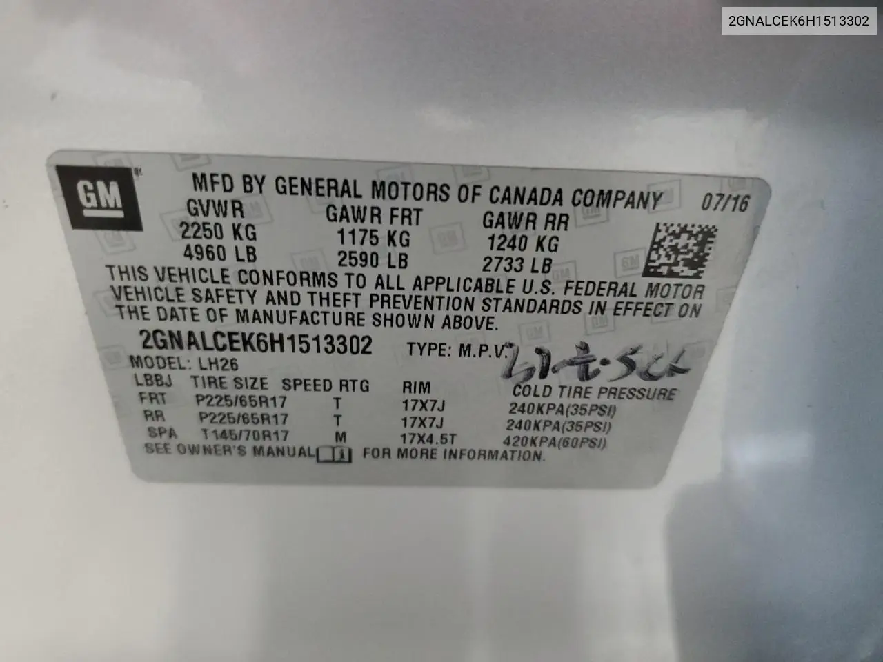 2GNALCEK6H1513302 2017 Chevrolet Equinox Lt