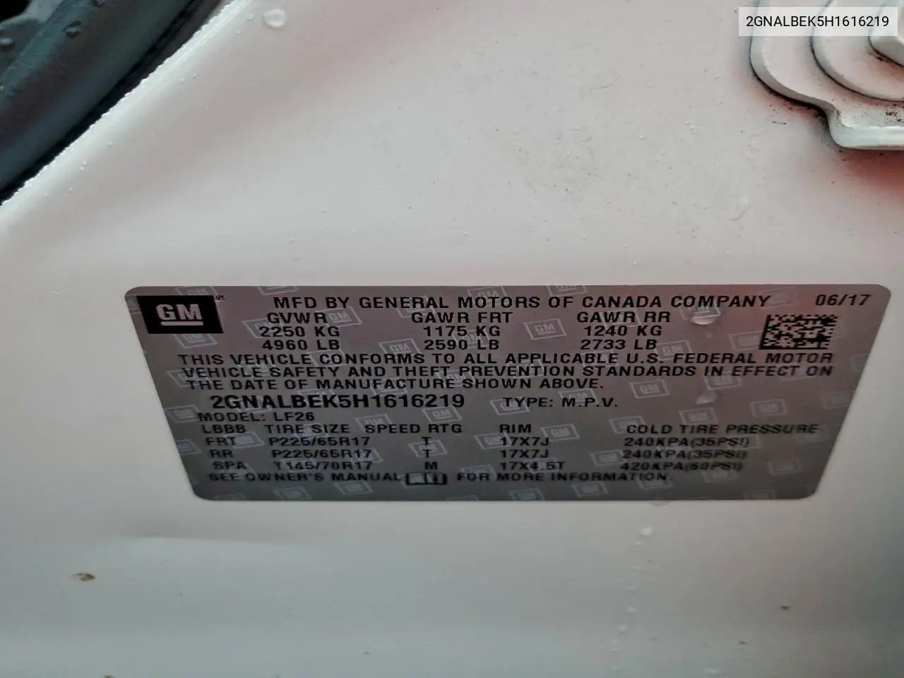 2GNALBEK5H1616219 2017 Chevrolet Equinox Ls