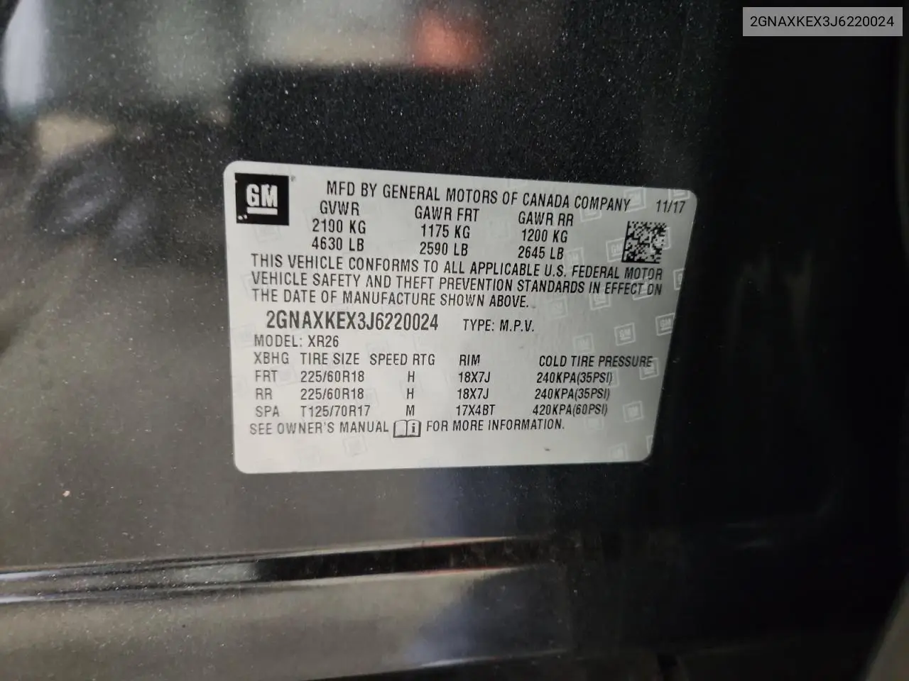 2GNAXKEX3J6220024 2018 Chevrolet Equinox Lt