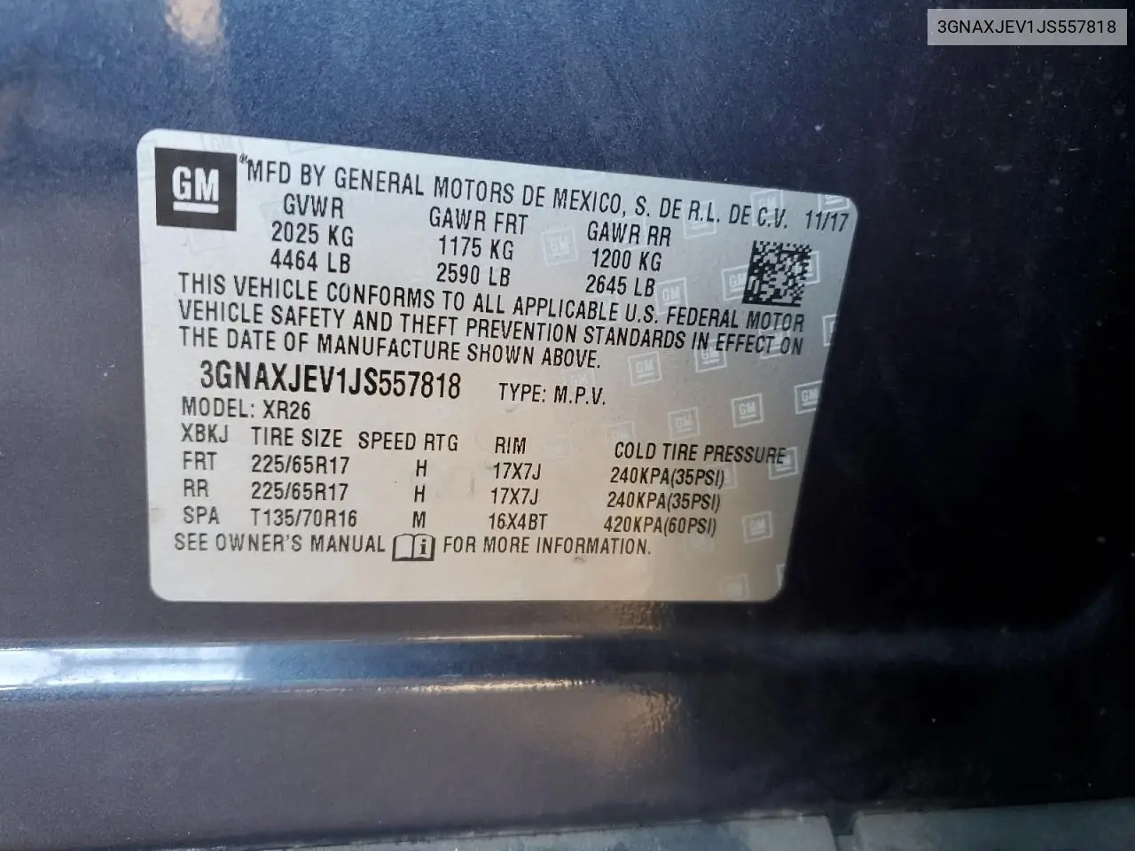3GNAXJEV1JS557818 2018 Chevrolet Equinox Lt