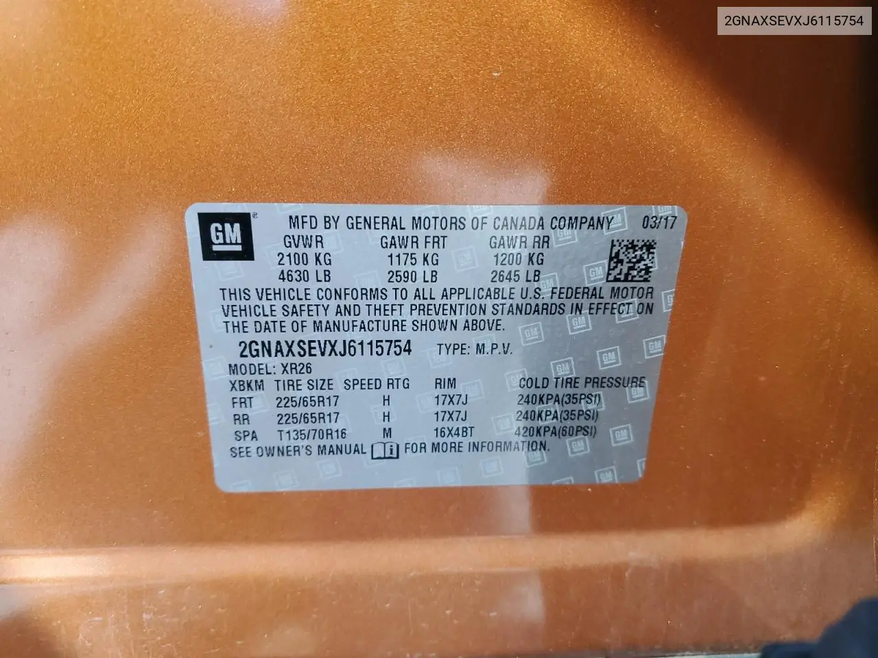 2GNAXSEVXJ6115754 2018 Chevrolet Equinox Lt