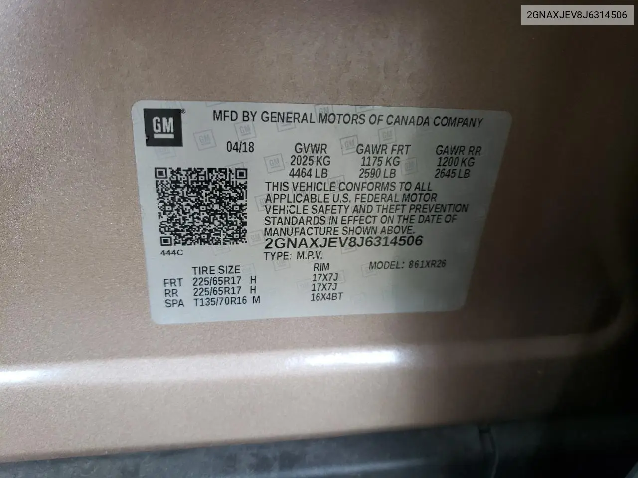 2GNAXJEV8J6314506 2018 Chevrolet Equinox Lt