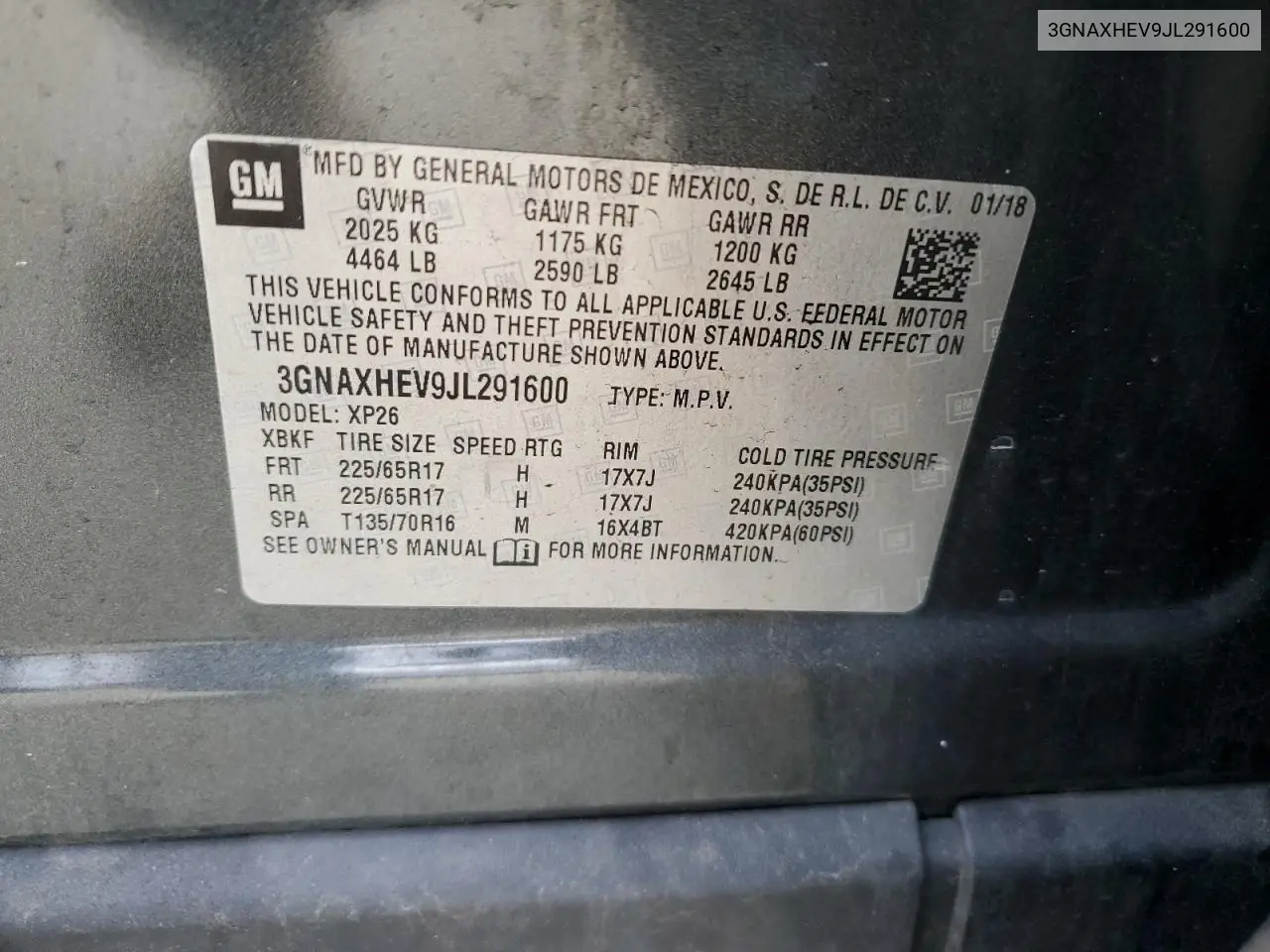 3GNAXHEV9JL291600 2018 Chevrolet Equinox Ls