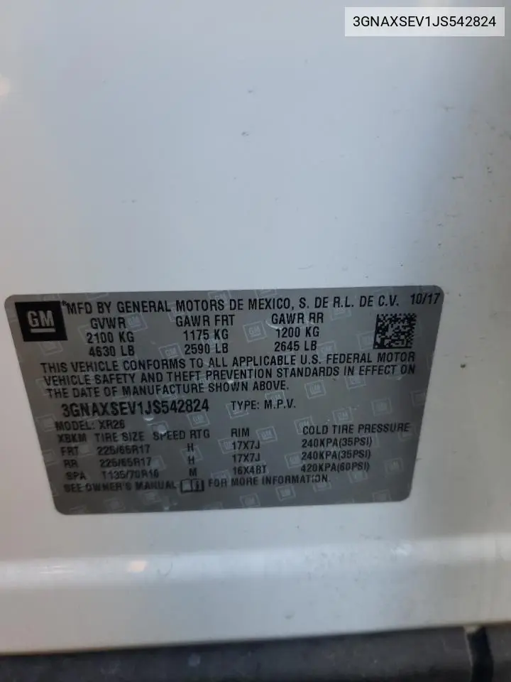 3GNAXSEV1JS542824 2018 Chevrolet Equinox Lt