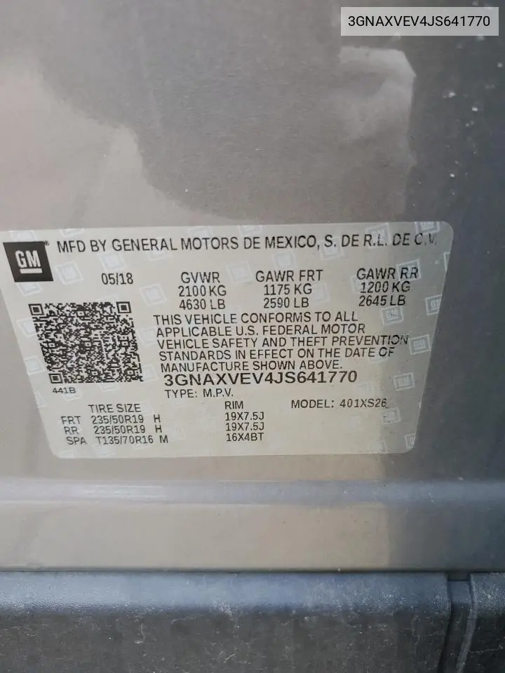3GNAXVEV4JS641770 2018 Chevrolet Equinox Premier