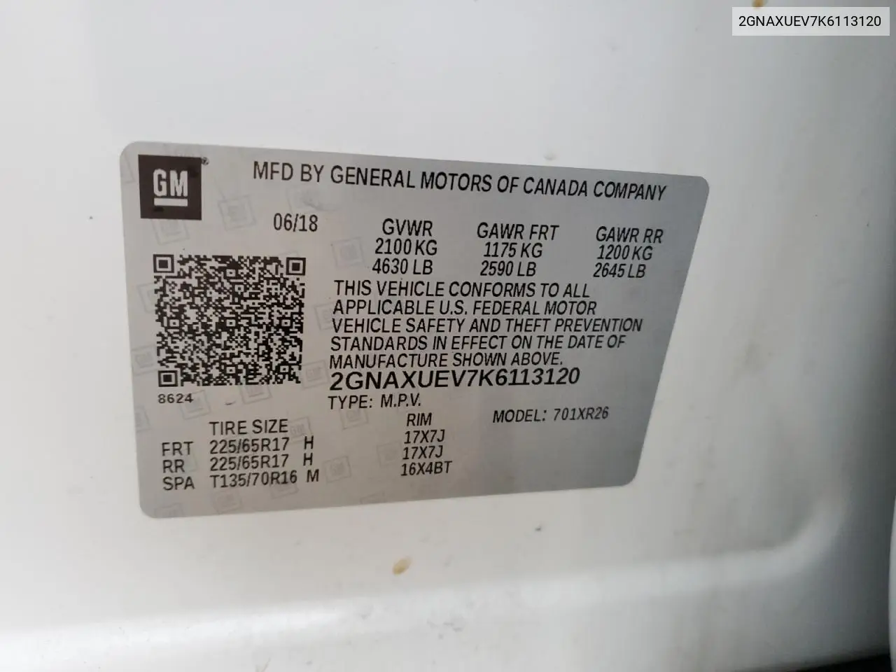 2GNAXUEV7K6113120 2019 Chevrolet Equinox Lt