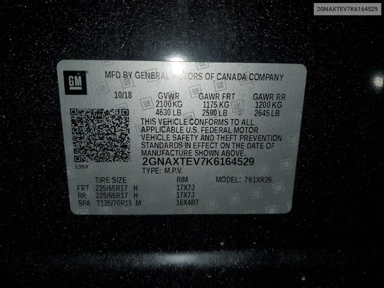2GNAXTEV7K6164529 2019 Chevrolet Equinox Lt