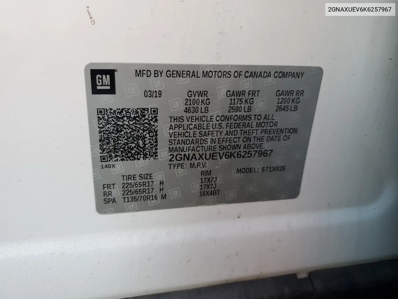 2GNAXUEV6K6257967 2019 Chevrolet Equinox Lt